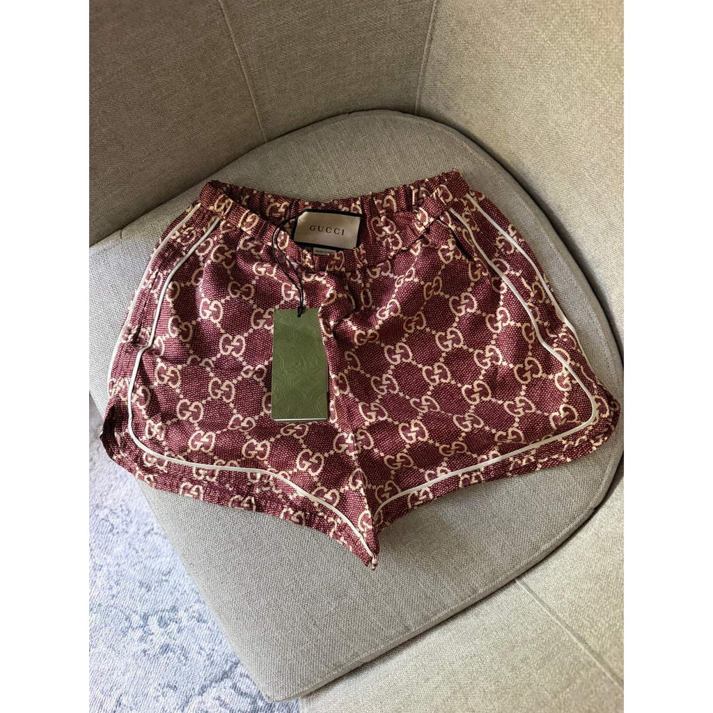 Gucci GG Logo Print Silk Twill Track Shorts Burgundy Cream Size XS NWT $1,400