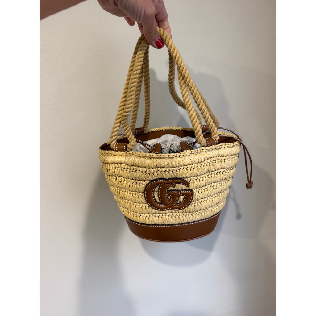 Gucci Mini GG Logo Woven Straw Bucket Bag Beige Brown Leather NWT