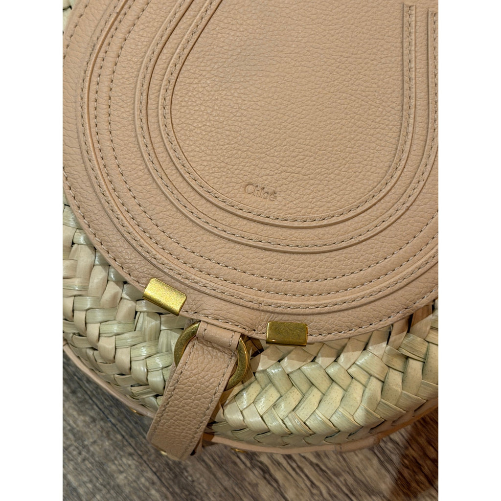 Chloé Marcie Pebbled Leather & Straw Crossbody Bag Natural Gold Hardware NWT