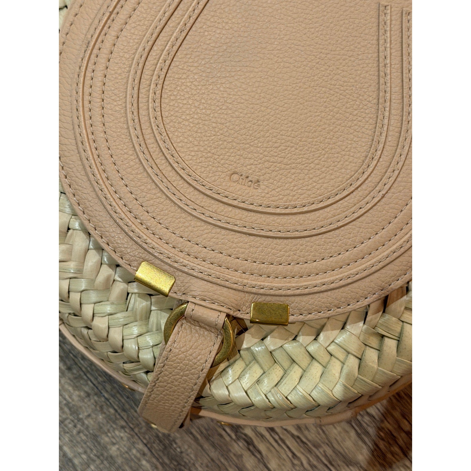 Chloé Marcie Pebbled Leather & Straw Crossbody Bag Natural Gold Hardware NWT