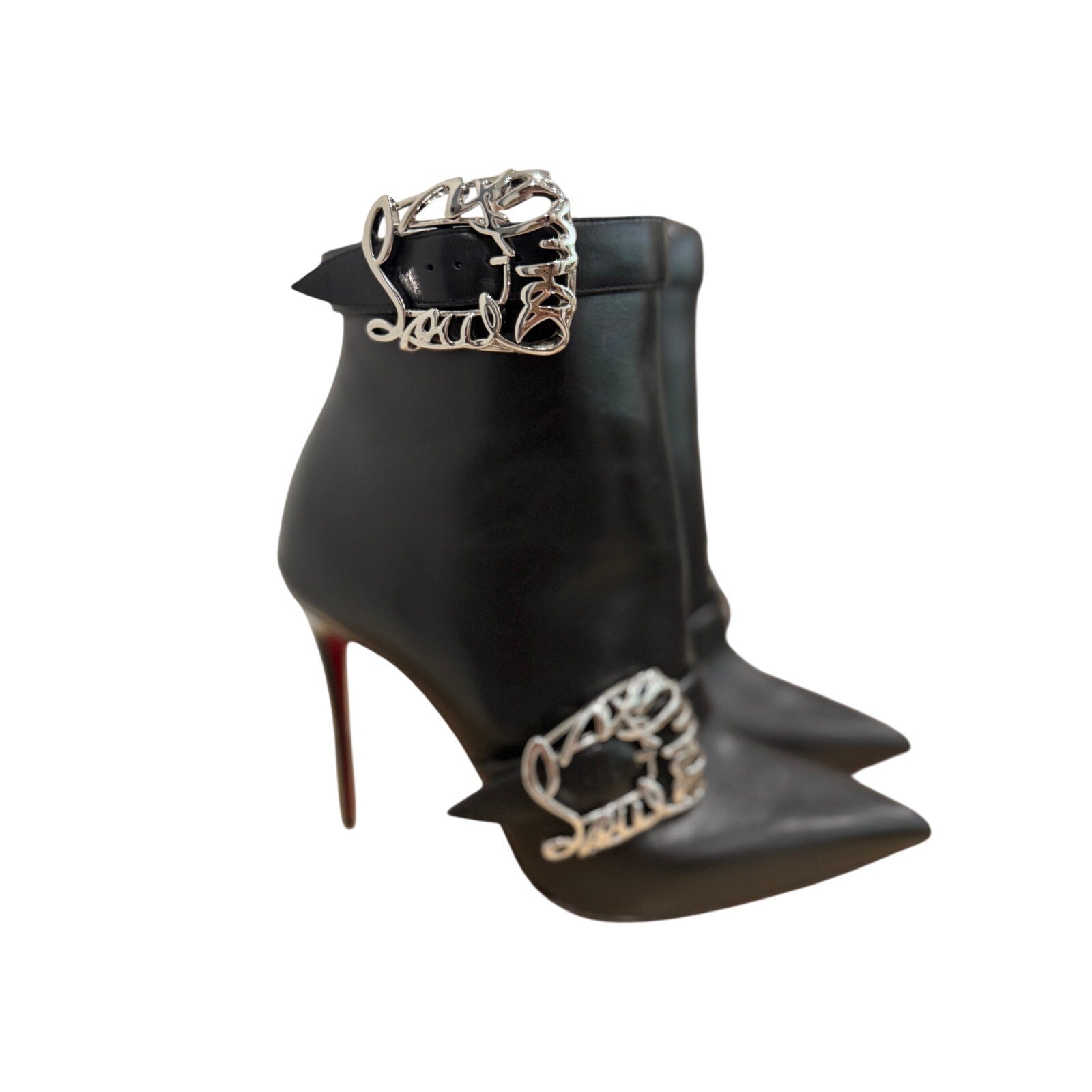 Christian Louboutin Giddylina 100mm Black Leather Buckle Ankle Boots Size 37.5 New in Box
