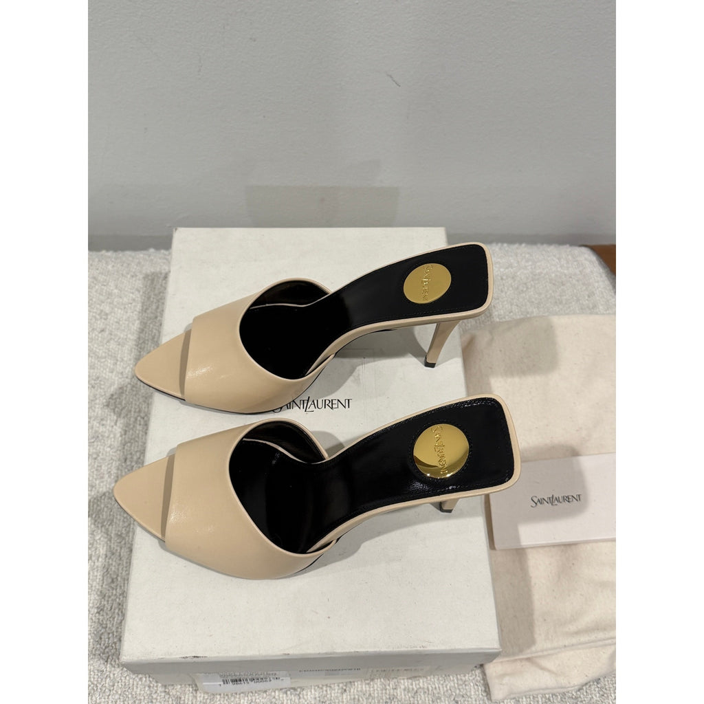 Saint Laurent Romy 90 Leather Mules Tan Leather Pointed Toe Heels Size 37.5 NIB
