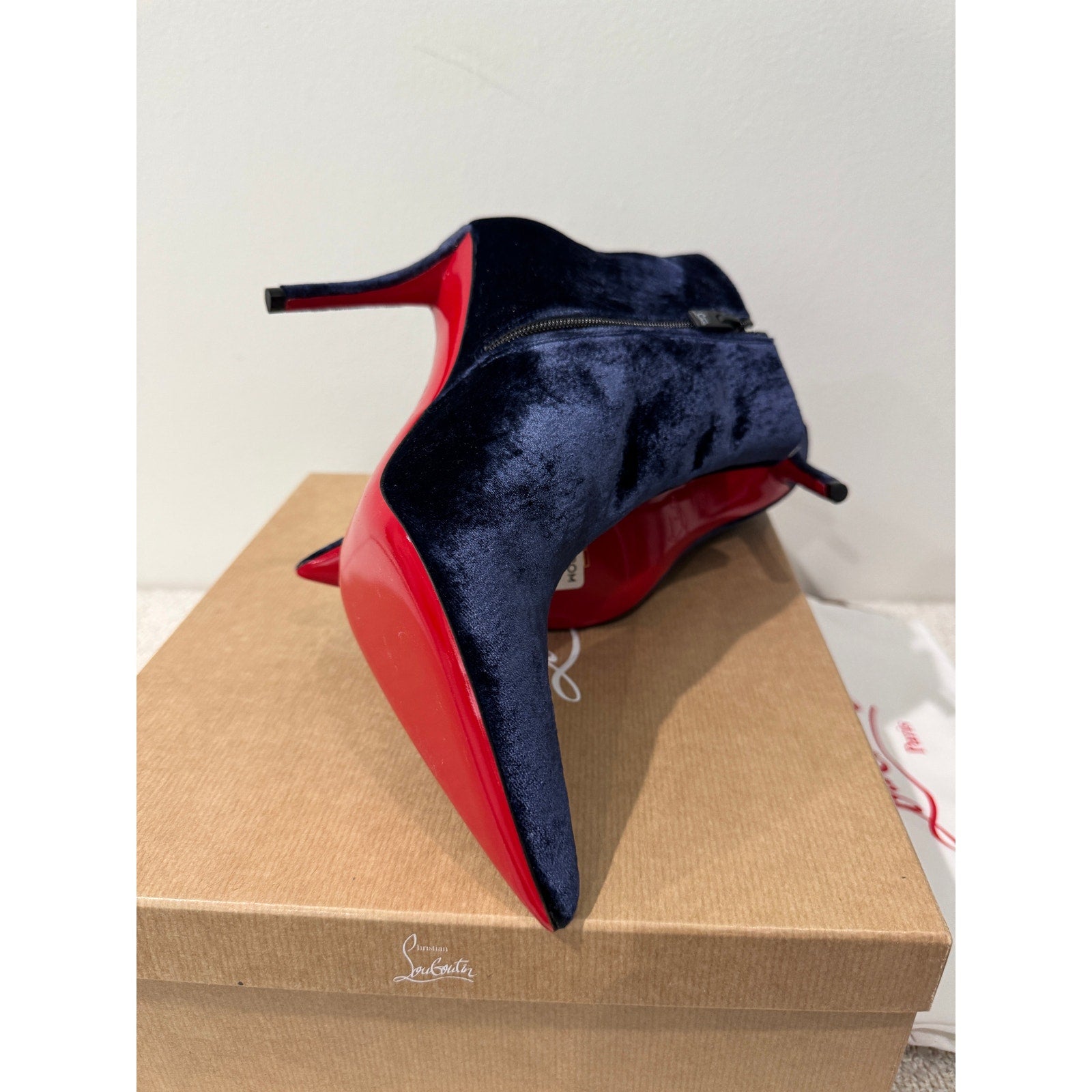 Christian Louboutin So Apostropha 80 Velvet Ankle Boots Marine Blue Size 38.5