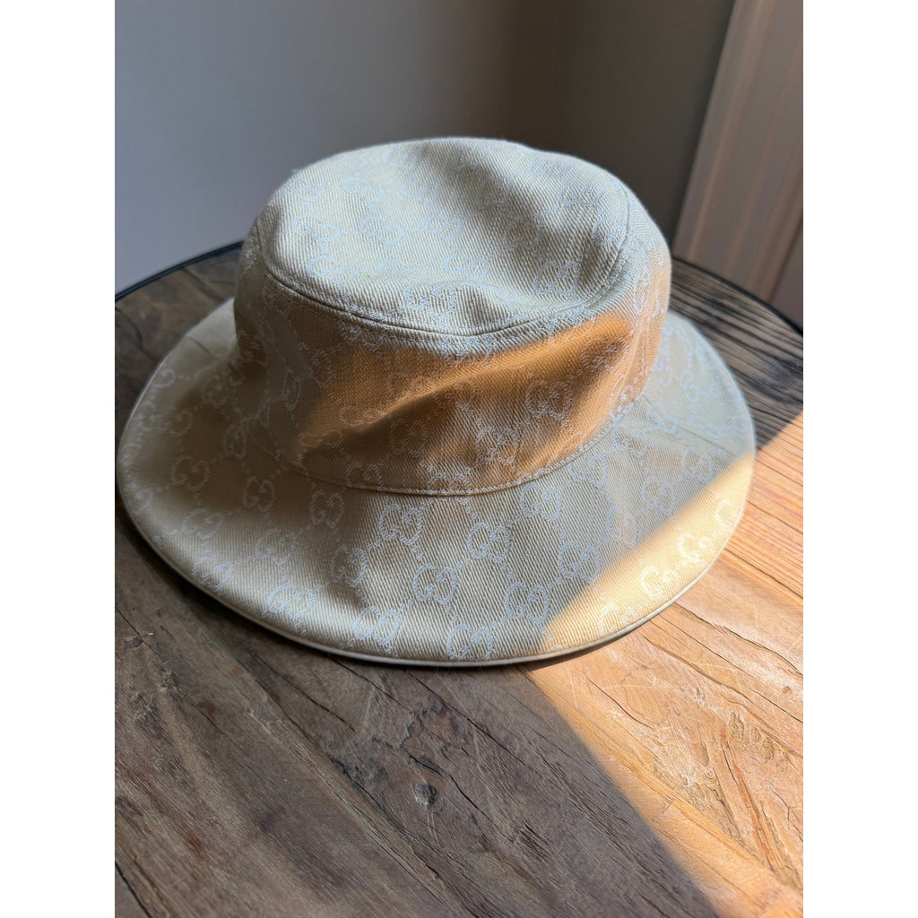 Gucci Denim Logo Horsebit GHW Bucket Hat in GG Canvas NWT Size Med 57 cm