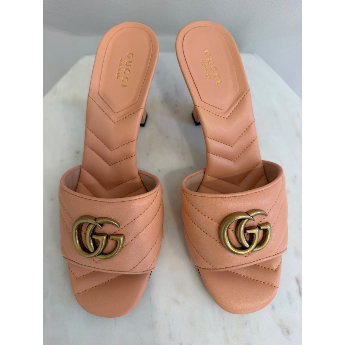 Gucci GG Marmont Matelassé Pink Leather Mule Sandals Size 38.5 New in Box