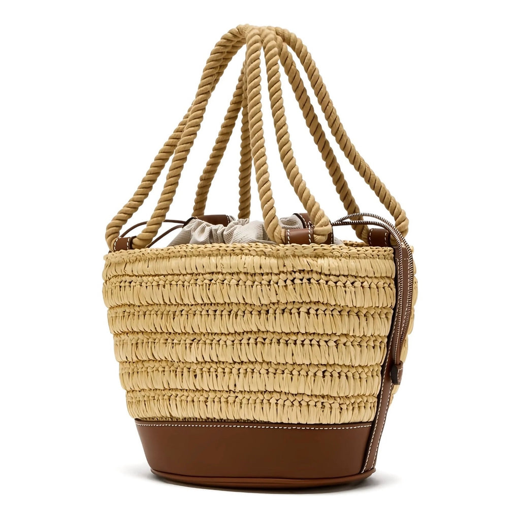 Gucci Mini GG Logo Woven Straw Bucket Bag Beige Brown Leather NWT
