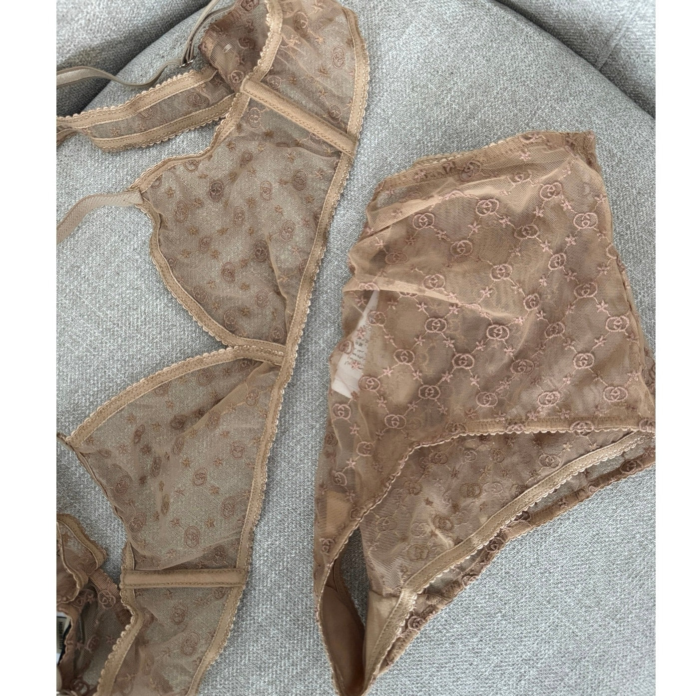 GUCCI LOVE PARADE SHEER INTERLOCKING G LOGO LINGERIE SET NUDE NWT Size Small