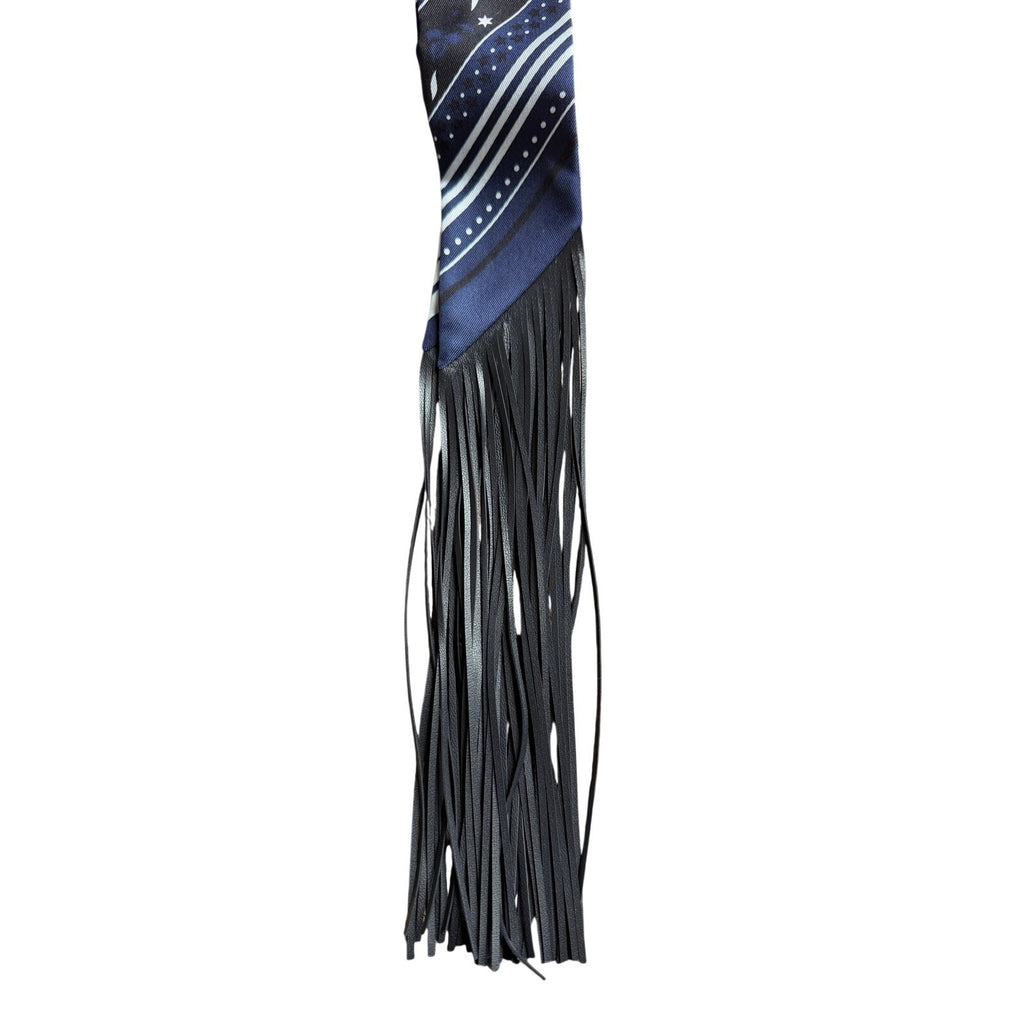 Hermès Festival des Amazones Fringed Silk Twilly Scarf Navy Black Leather Fringe NWT