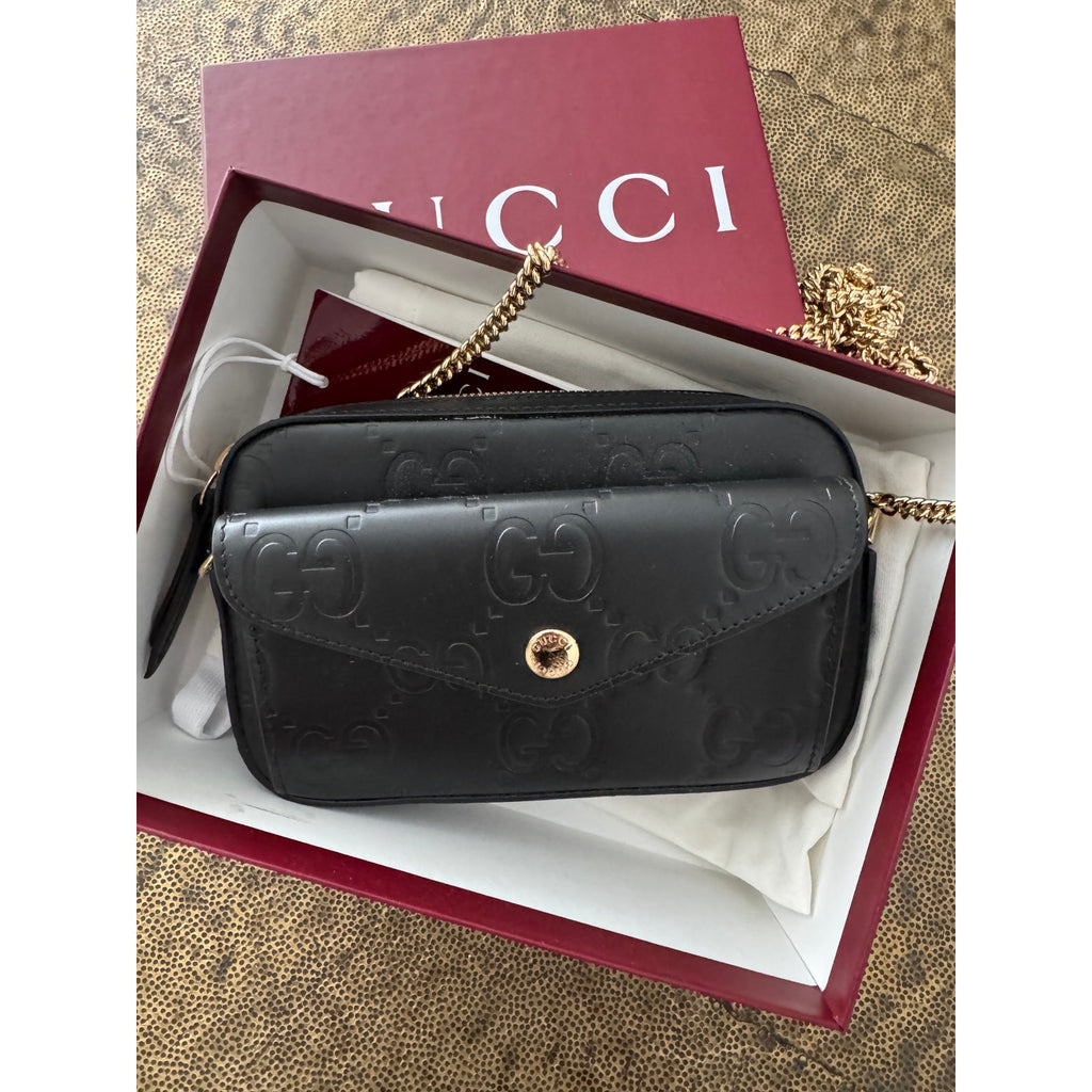 Gucci GG Super Mini Shoulder Bag Black Leather with Chain Strap Brand BNIB
