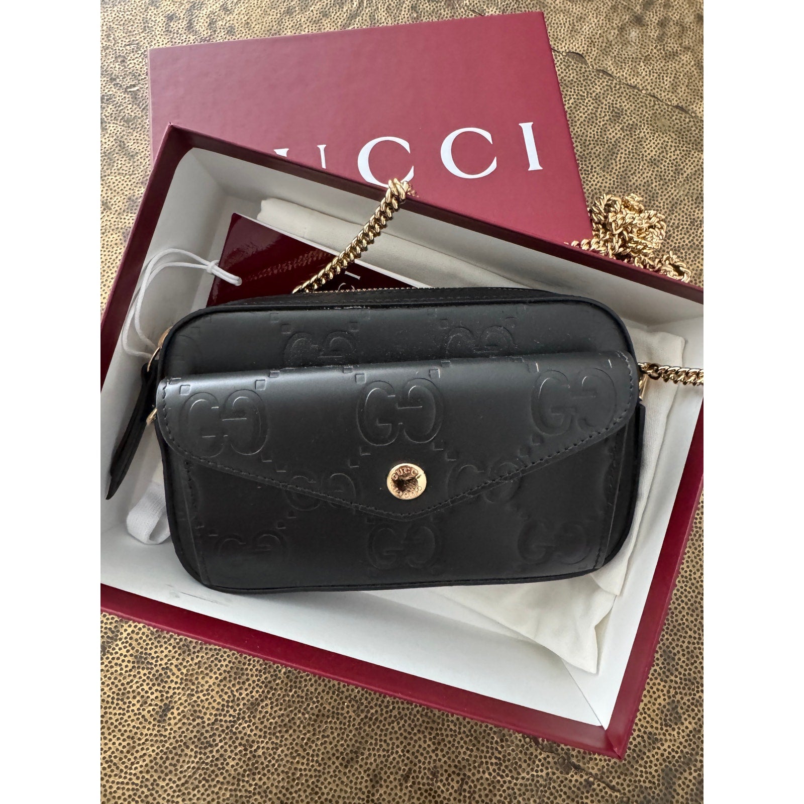 Gucci GG Super Mini Shoulder Bag Black Leather with Chain Strap Brand BNIB