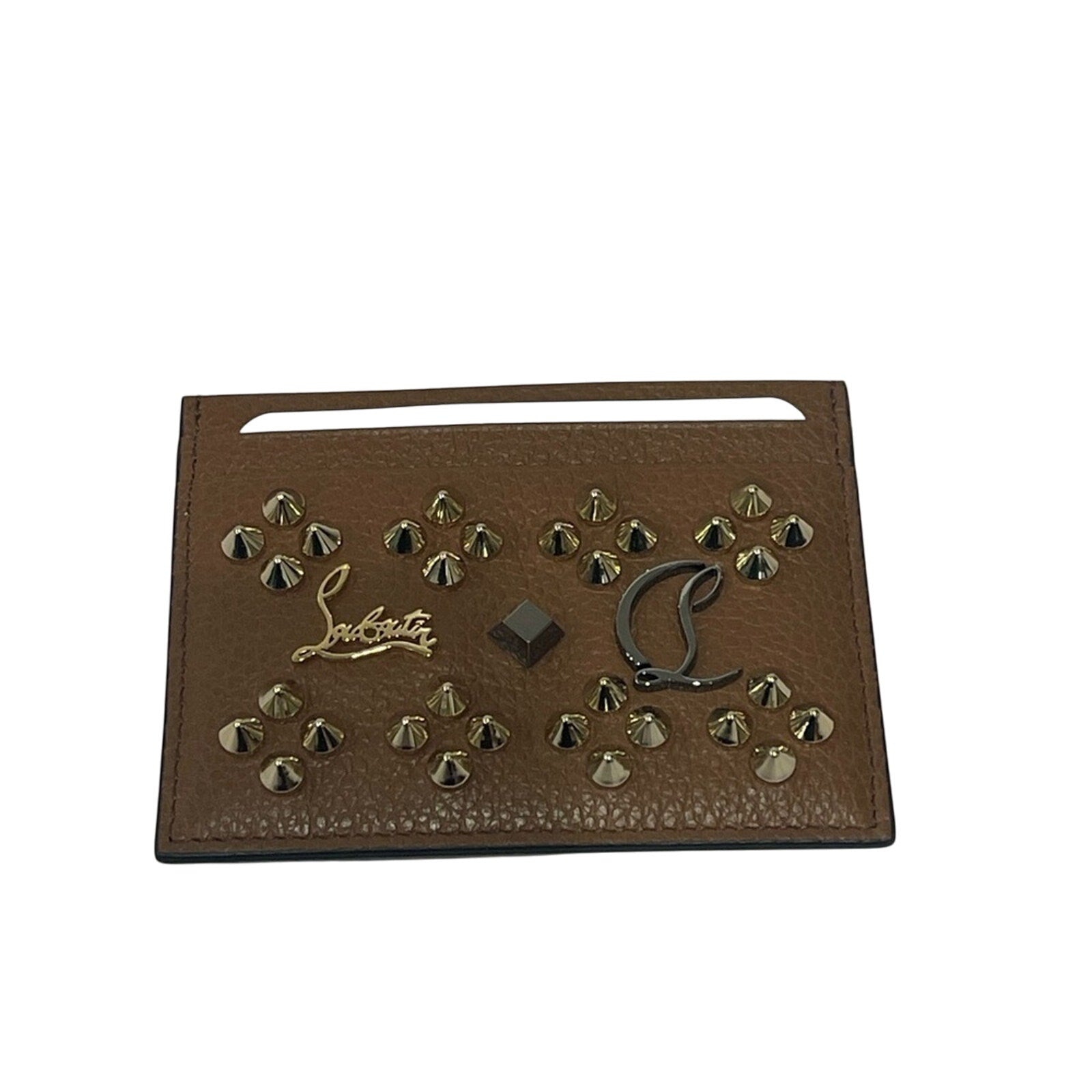 Christian Louboutin Loubisky Kios Card Case Biscotti Calfskin Leather Studs NWT
