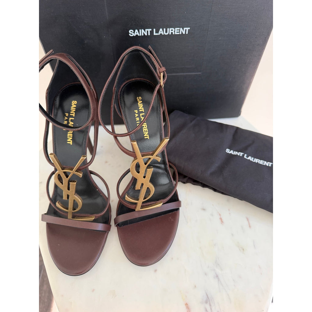 Saint Laurent Cassandra YSL Brown Leather Strappy Heeled Sandals Size 38.5 BNIB