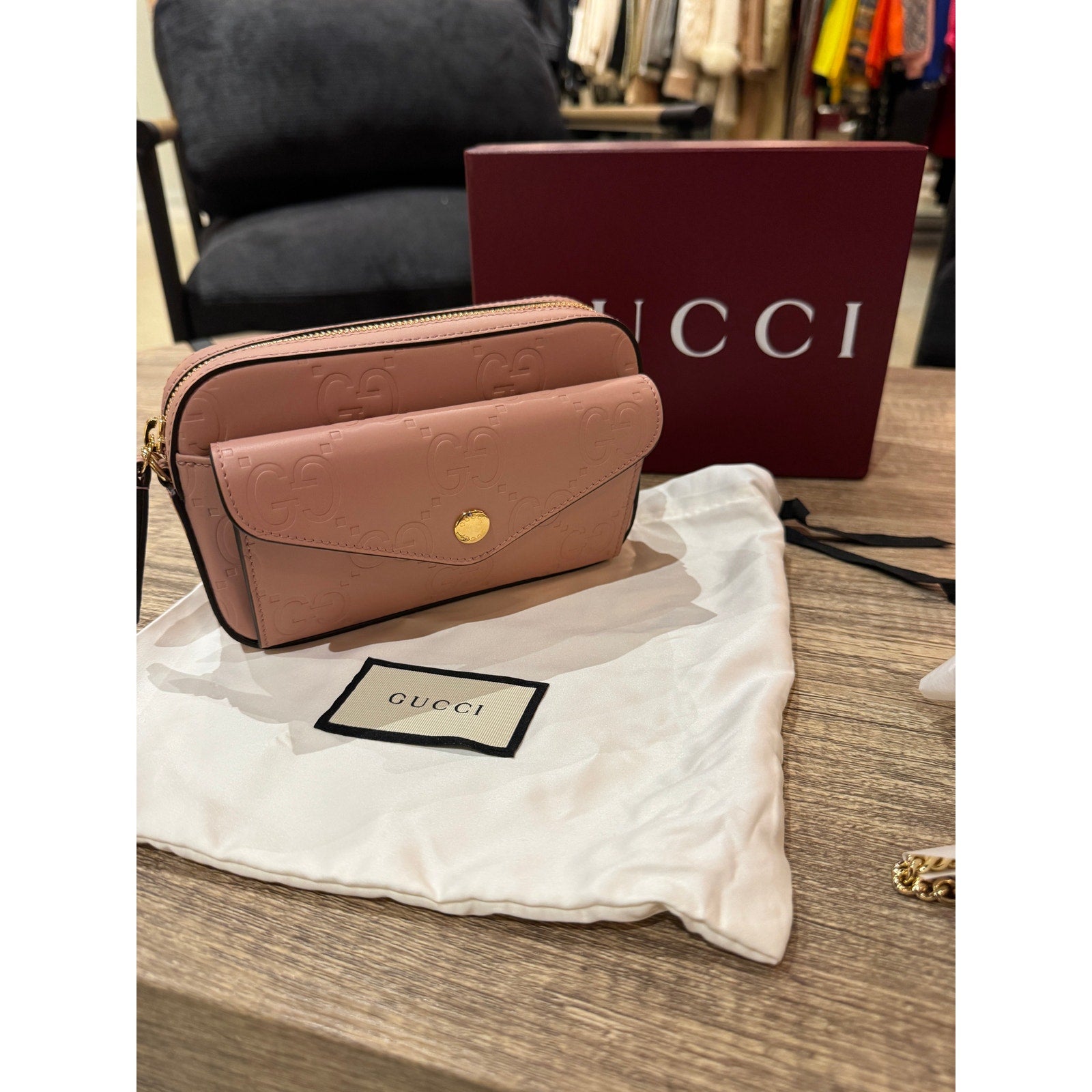 Gucci GG Super Mini Shoulder Bag Pink Leather with Chain Strap Brand BNIB