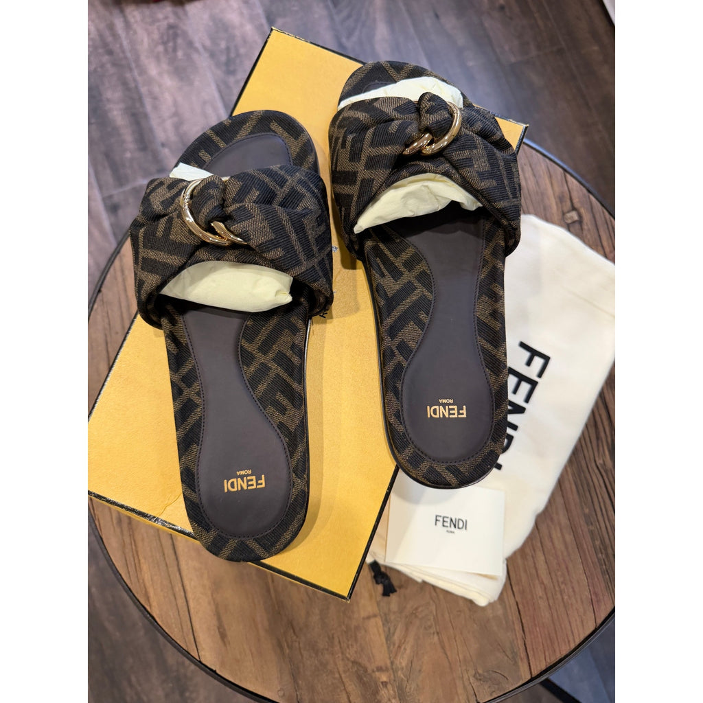 Fendi Feel Knotted Slide Sandals Brown FF Logo Satin Slides Size 37 Brand New in Box