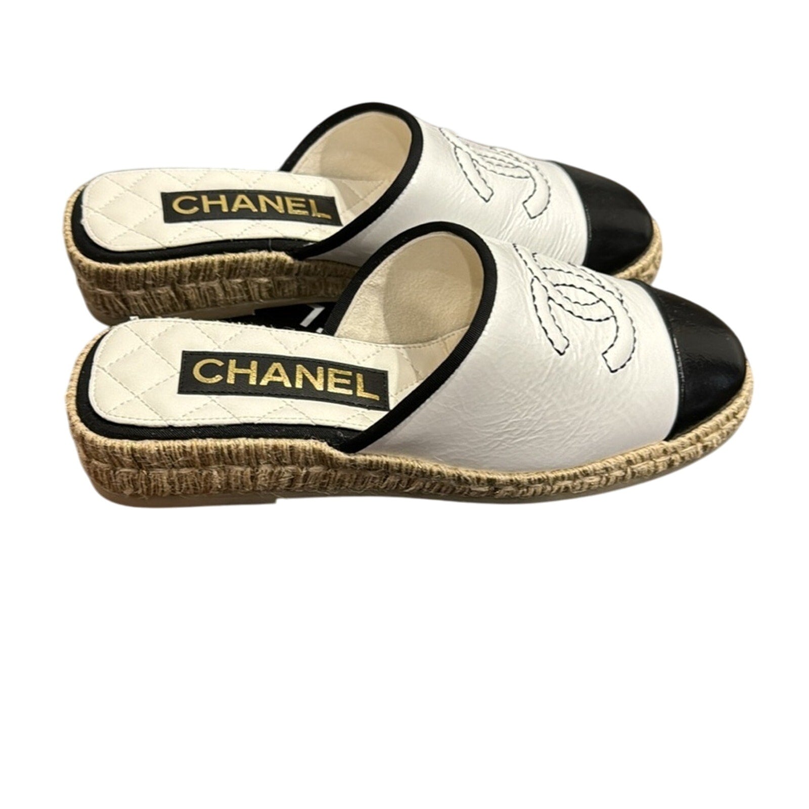 CHANEL Black Cap Toe Interlocking CC Logo White Espadrille Mules 37 BNIB