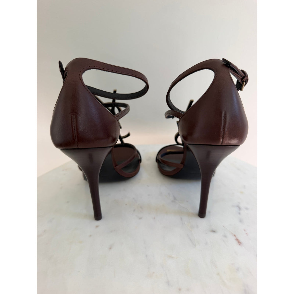 Saint Laurent Cassandra YSL Brown Leather Strappy Heeled Sandals Size 38.5 BNIB