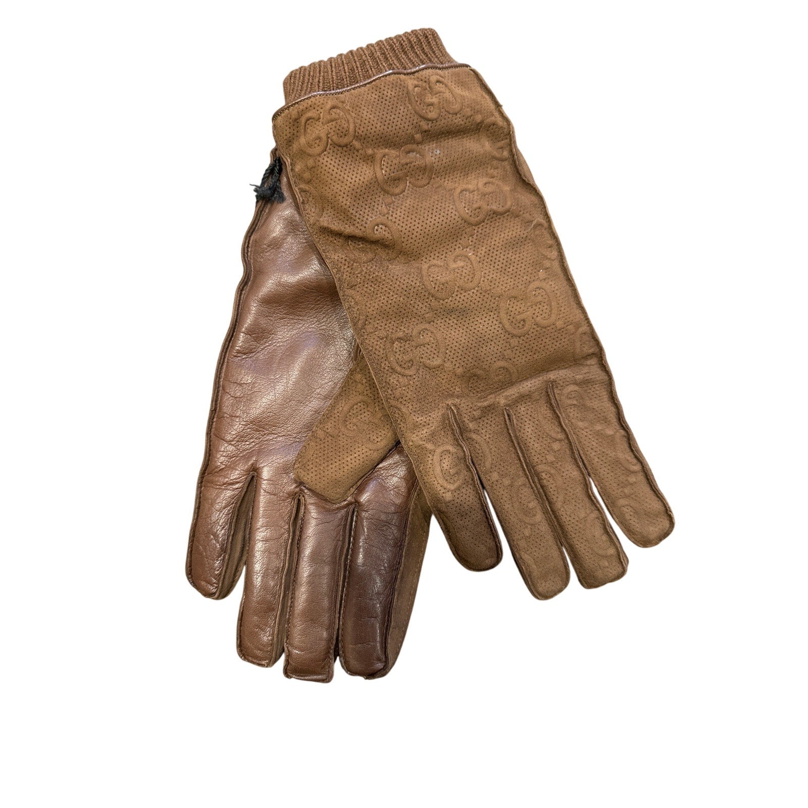 Gucci Men’s large Brown Suede Embossed Monogram GG Gloves NWT