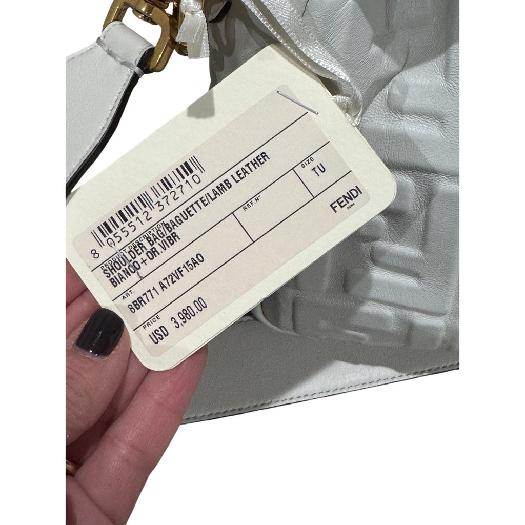 Fendi  Nappa FF 1974 Embossed Large Baguette White NWT