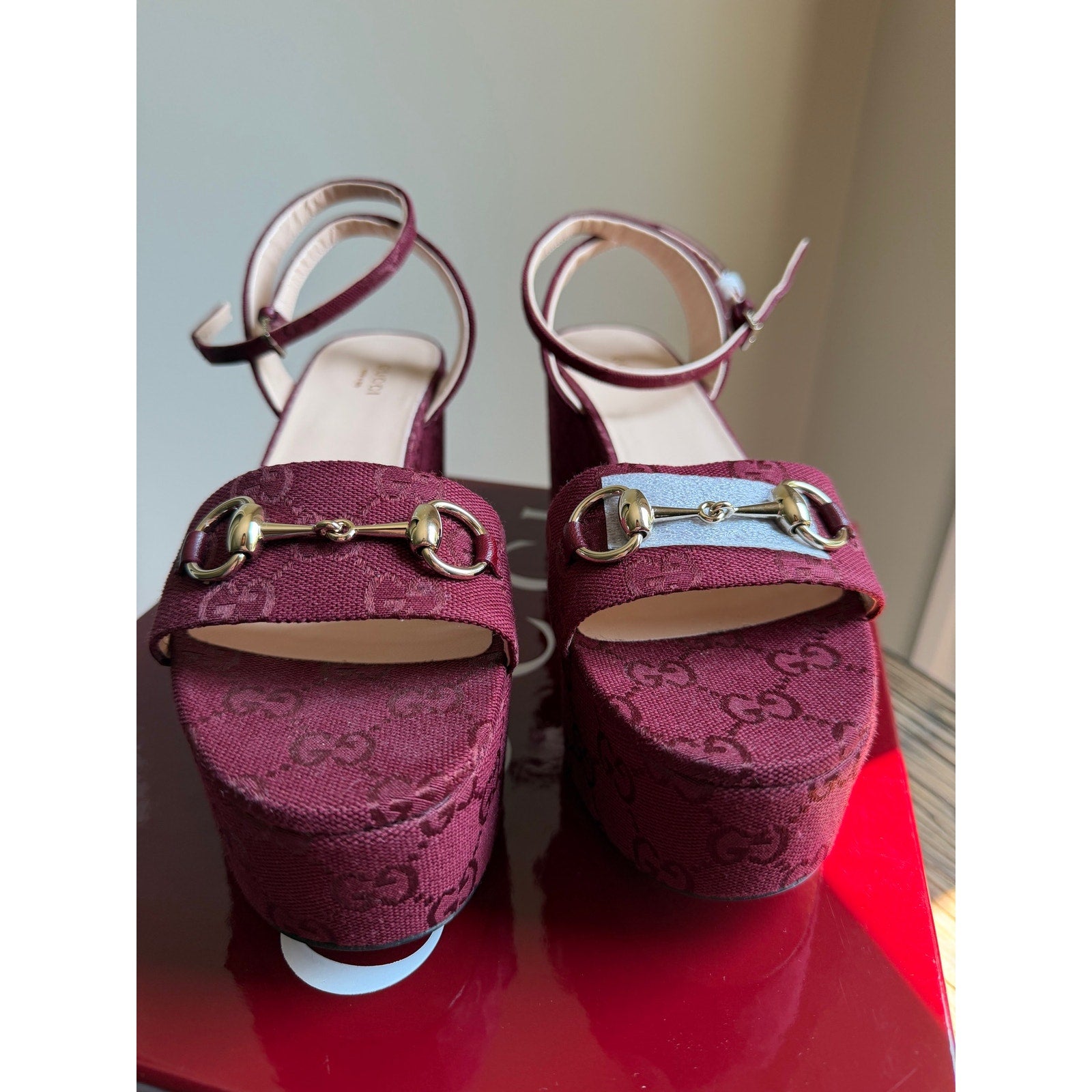 Gucci Lady Horsebit Burgundy GG Canvas Platform Wedge Sandals Size 39