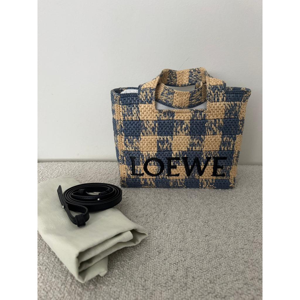 Loewe Paula’s Ibiza Raffia Blue Checked Tote NWT Embroidered Logo