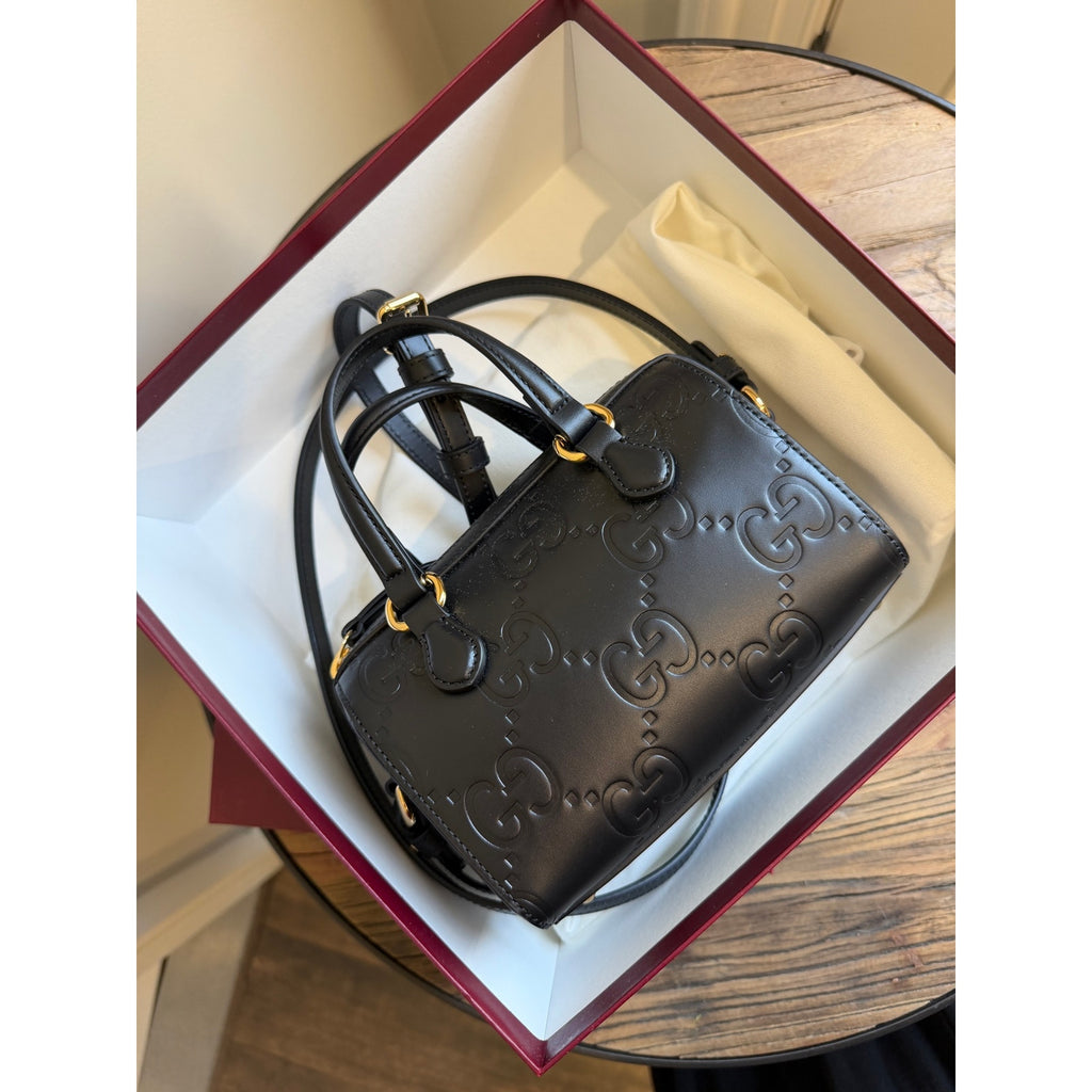 Gucci GG Super Black Mini Tote Bag Black Debossed GG Leather Crossbody NWT