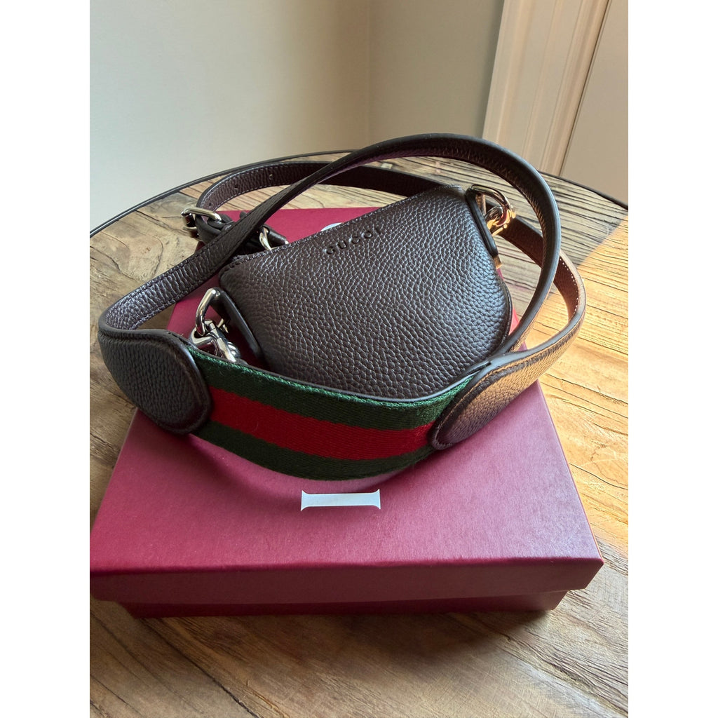 Gucci Nano B Bag Dark Brown Grainy Leather Crossbody with Web Strap NWT