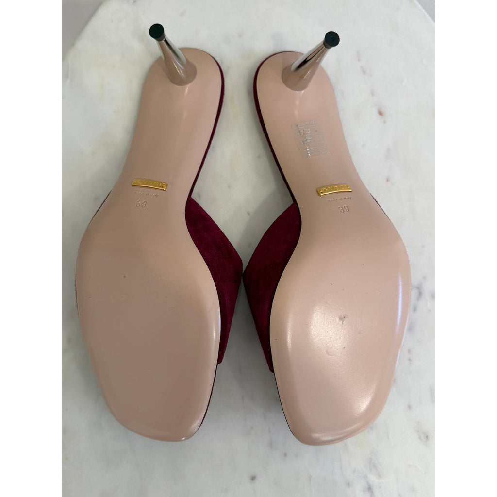 Gucci Blondie Interlocking G 70mm Burgundy Suede Sandals Size 39 New in Box