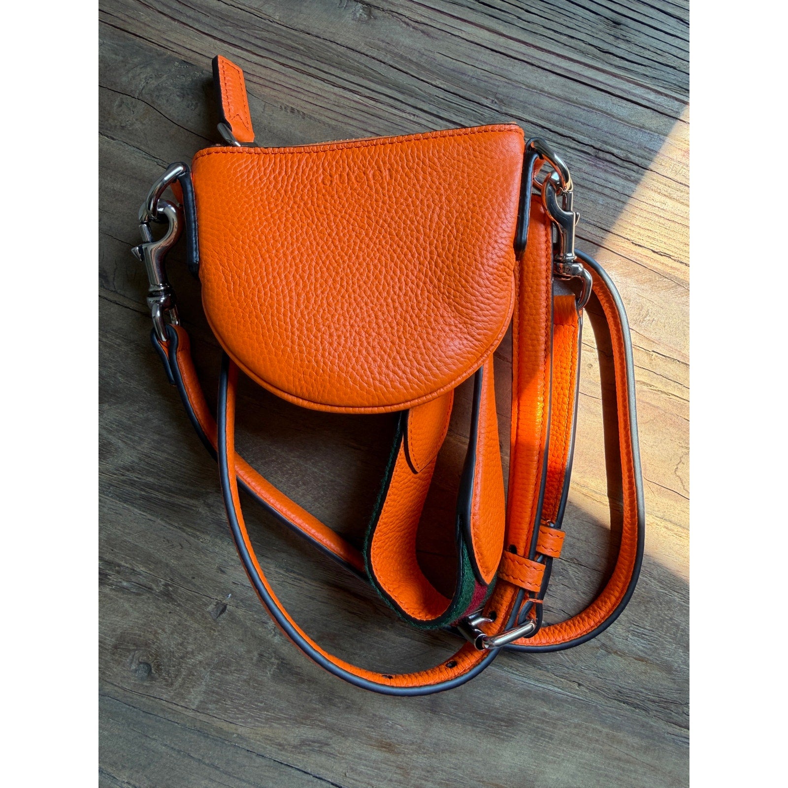 Gucci Nano B Bag Bright Orange Grainy Leather Crossbody with Web Strap NWT