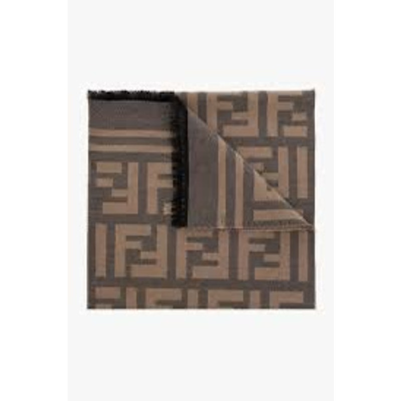 FENDI Gray & Sand Wool Silk FF Motif Scarf NWT Fringe Wrap 180x35cm (71x14in)