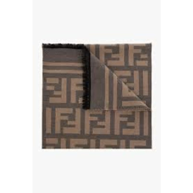 FENDI Gray & Sand Wool Silk FF Motif Scarf NWT Fringe Wrap 180x35cm (71x14in)
