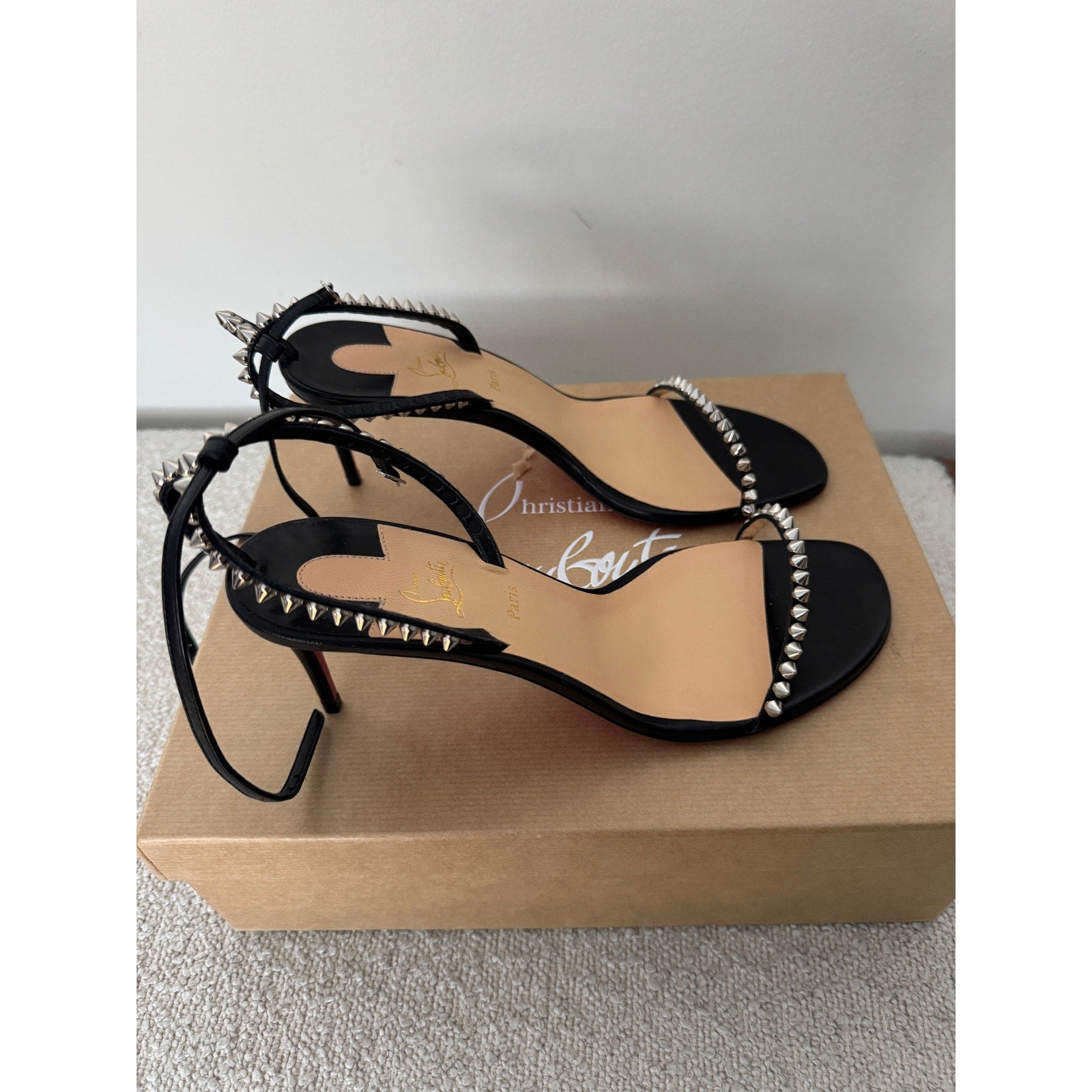 Christian Louboutin So Me 70mm Spike Heels Black Red Sole Sandals Size 39.5 BNIB
