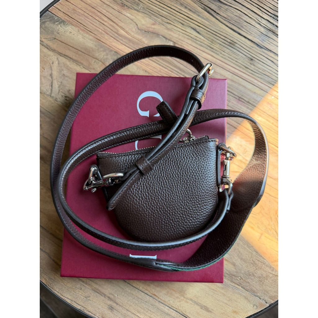 Gucci Nano B Bag Dark Brown Grainy Leather Crossbody with Web Strap NWT