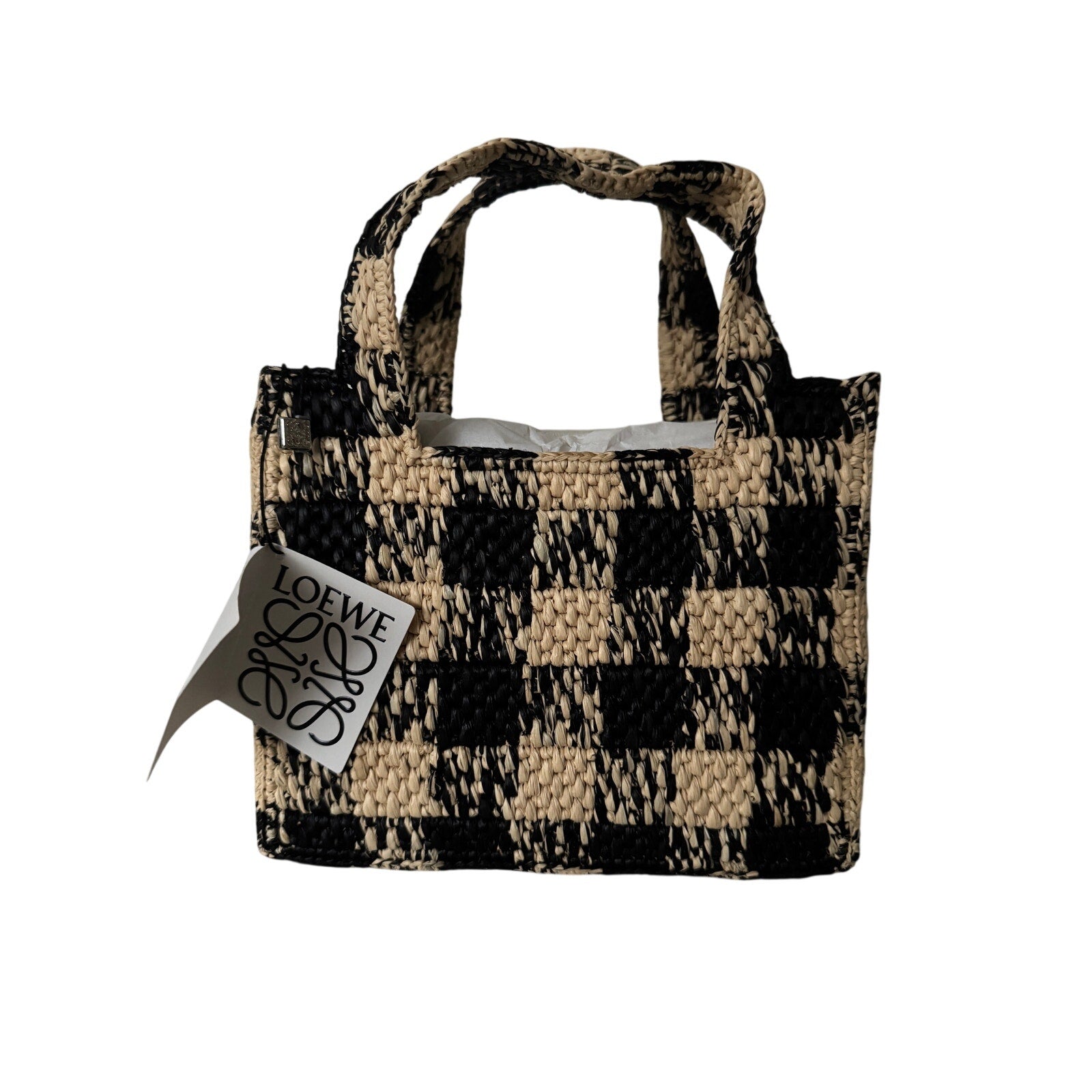 Loewe Paula’s Ibiza Mini Raffia Tote Bag with Leather Trim Embroidered Gingham Beige NWT