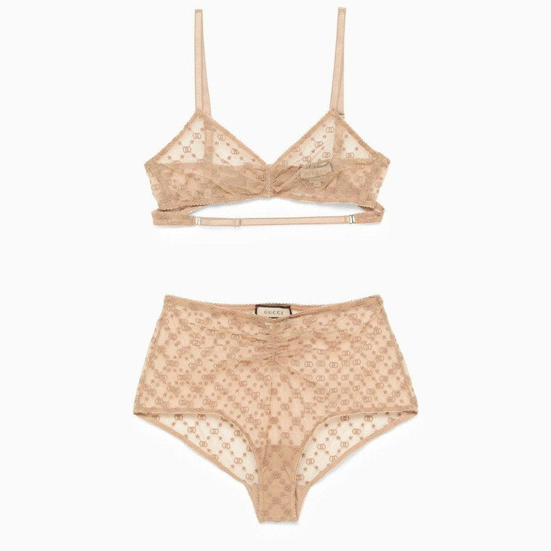 GUCCI LOVE PARADE SHEER INTERLOCKING G LOGO LINGERIE SET NUDE NWT Size Small