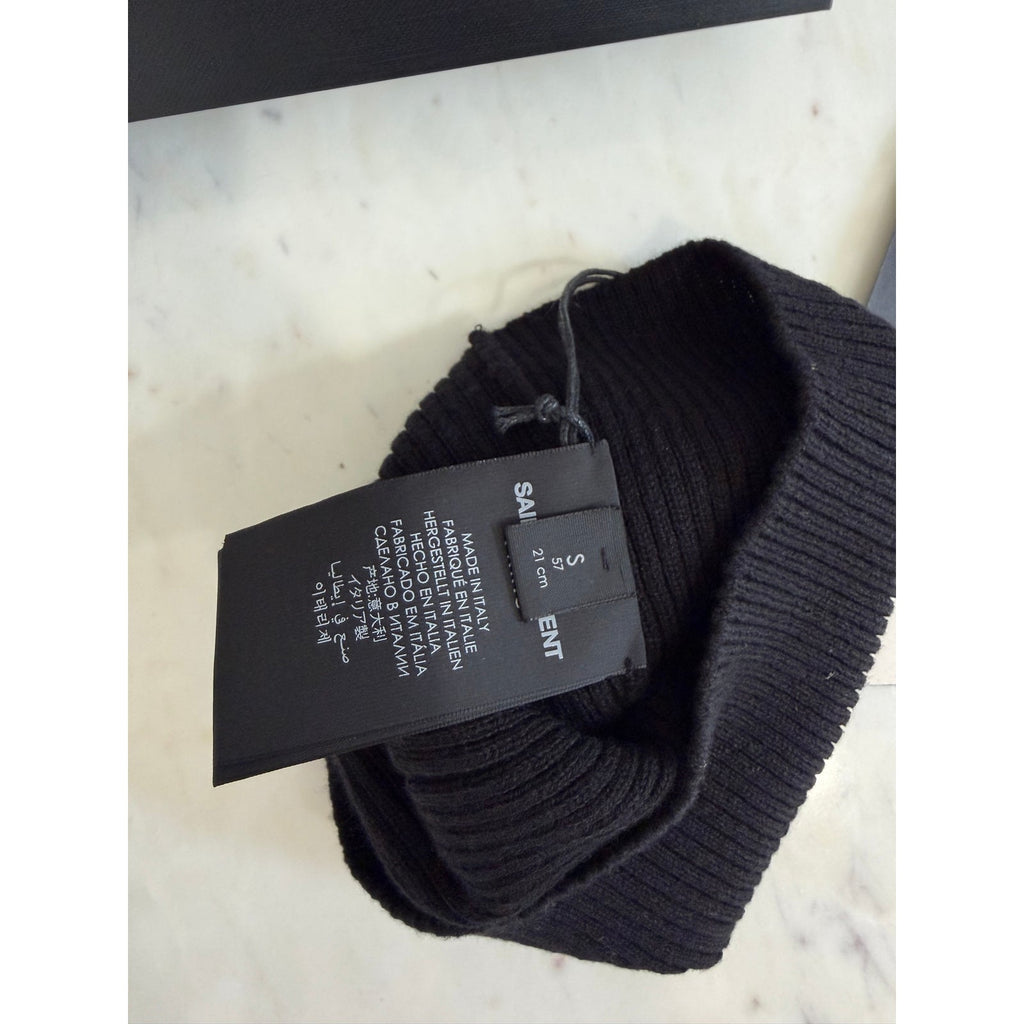 SAINT LAURENT 
Logo Patch Ribbed Beanie - Black NWT
