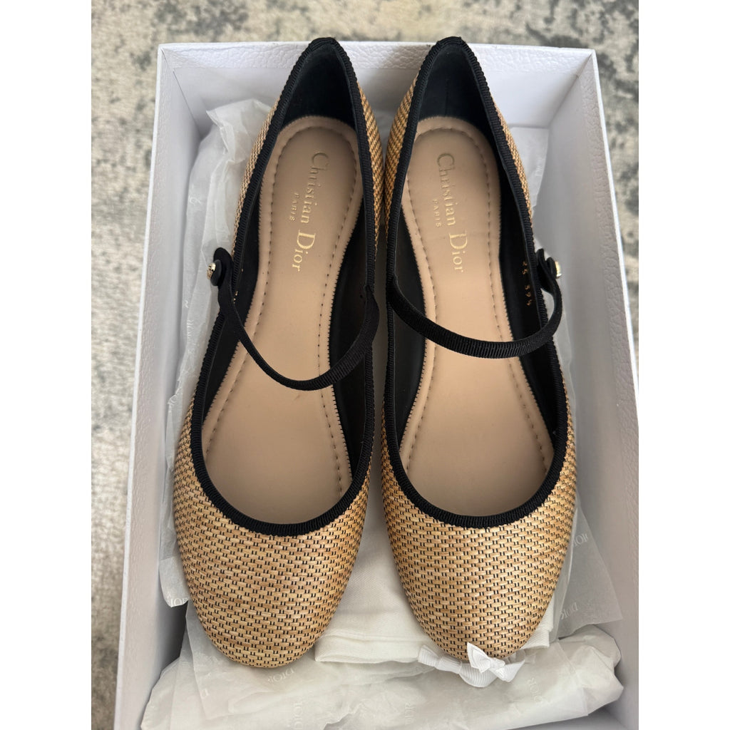 Christian Dior “Lovely-D” Raffia Mary Jane Ballet Flats 39.5 BNIB
