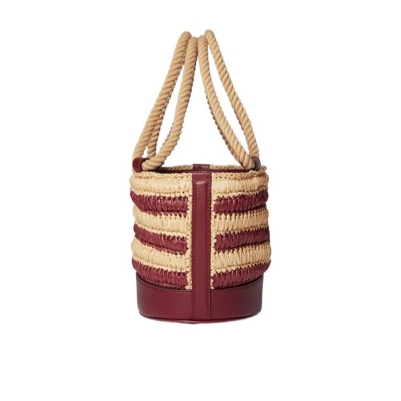 Gucci Mini GG Logo Woven Straw Bucket Bag Beige Brown Leather NWT
