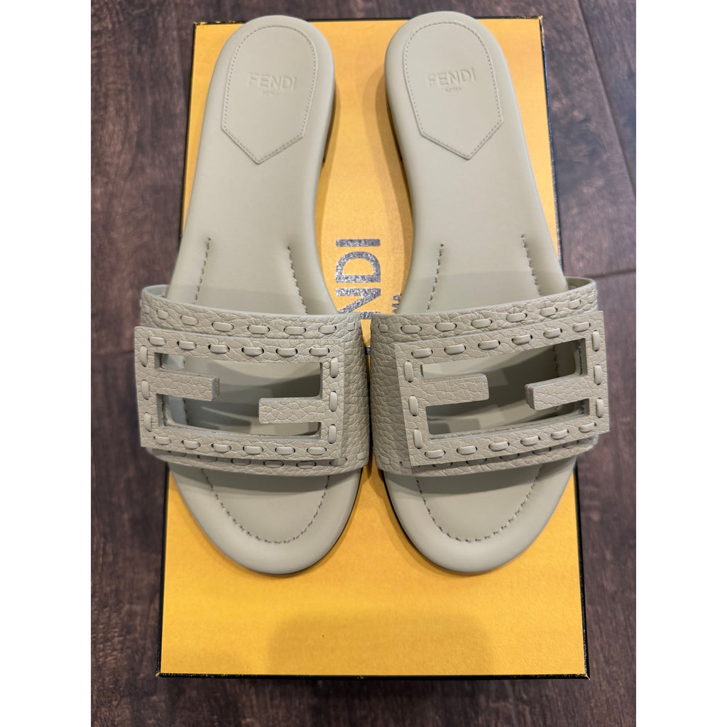 Fendi Women's FF Baguette Leather Selleria Slides BNIB Color is Sage Size 37