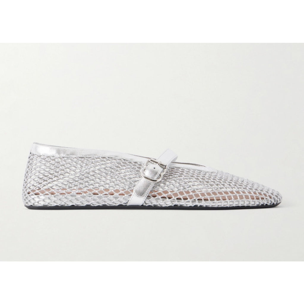 Alaia Metallic Fishnet Mary Jane Flats Silver Argent Size 37 Brand New in Box
