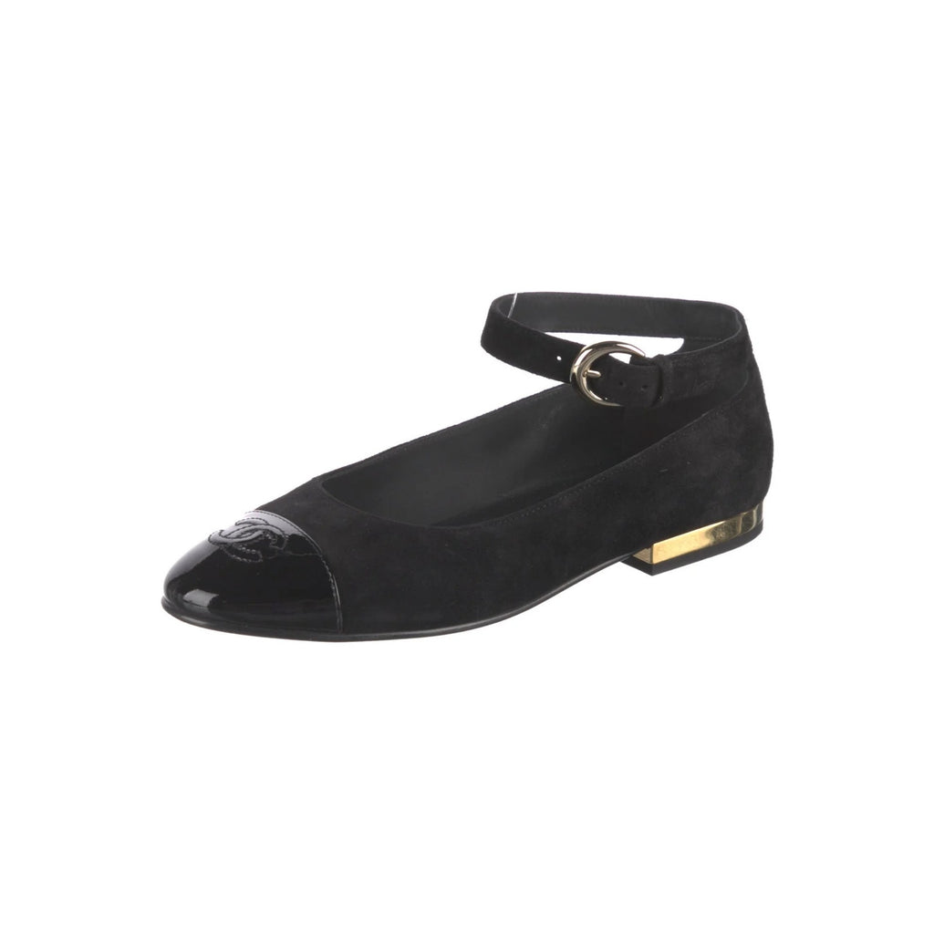 Chanel Ballet Flats Ankle Strap Interlocking CC Logo Suede Patent Trim Size 37