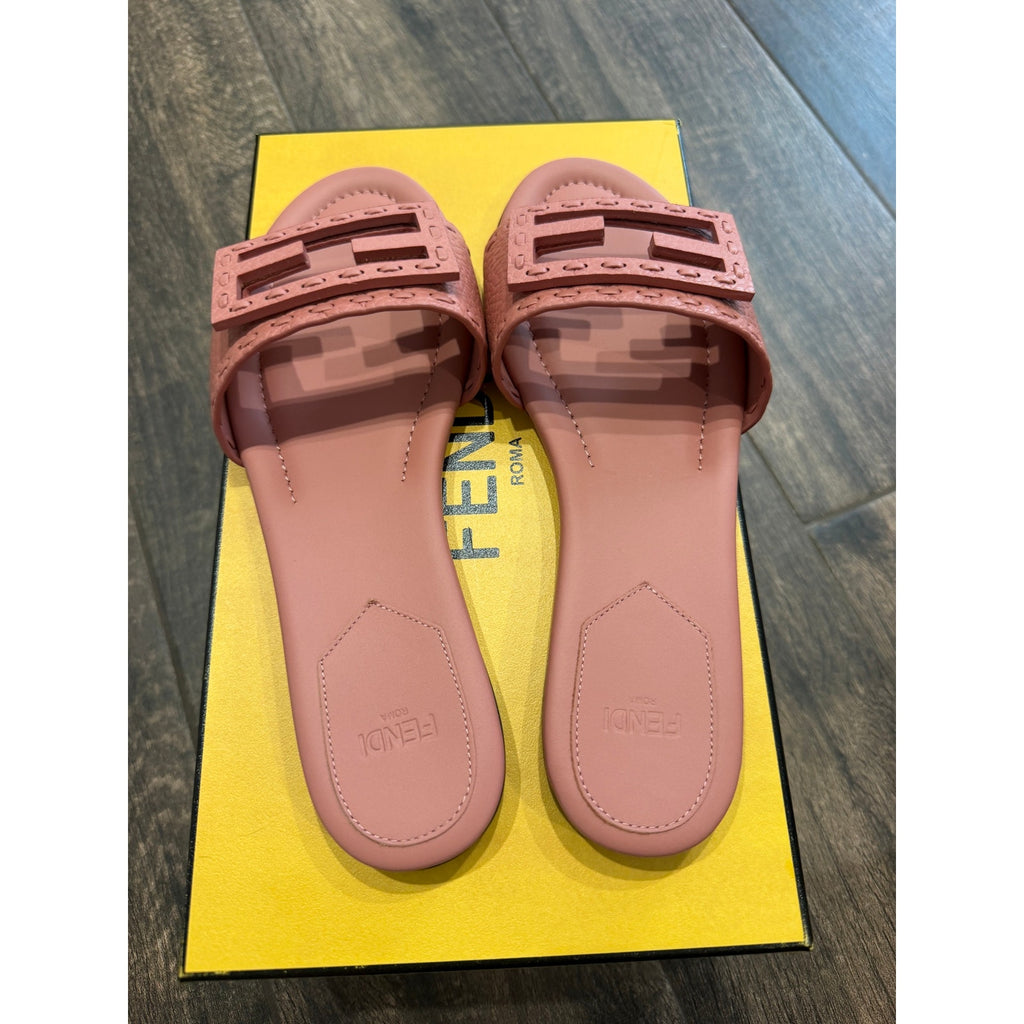 Fendi Women's FF Baguette Leather Selleria Slides BNIB Color is Makeup Size 37