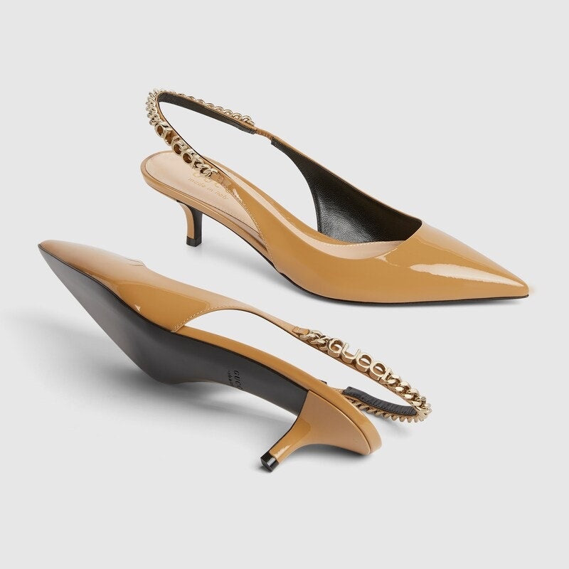 Gucci Signoria Patent Leather Slingback Pumps Beige Size 37 NIB