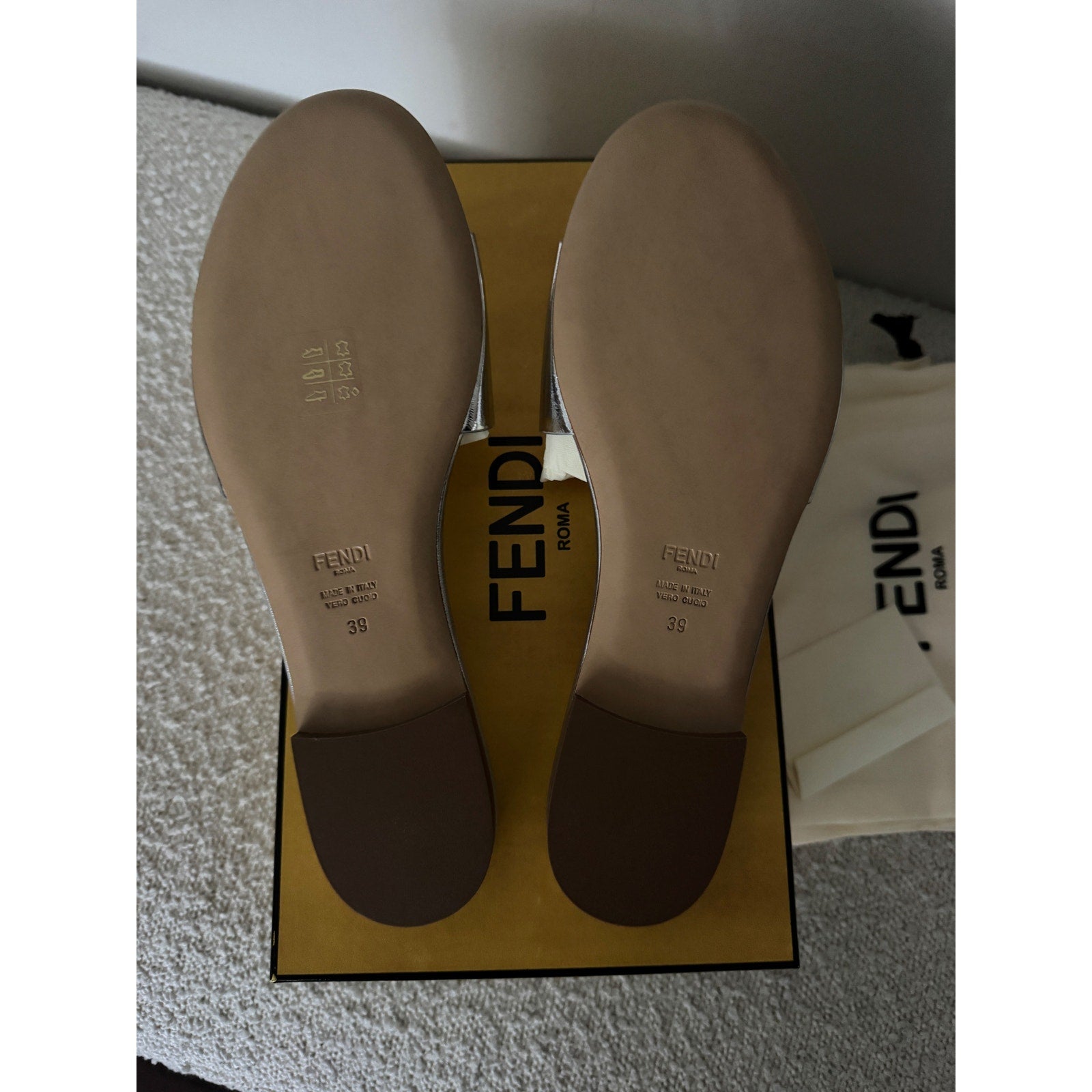 FENDI Silver Baguette nappa leather slides BNIB Size 39