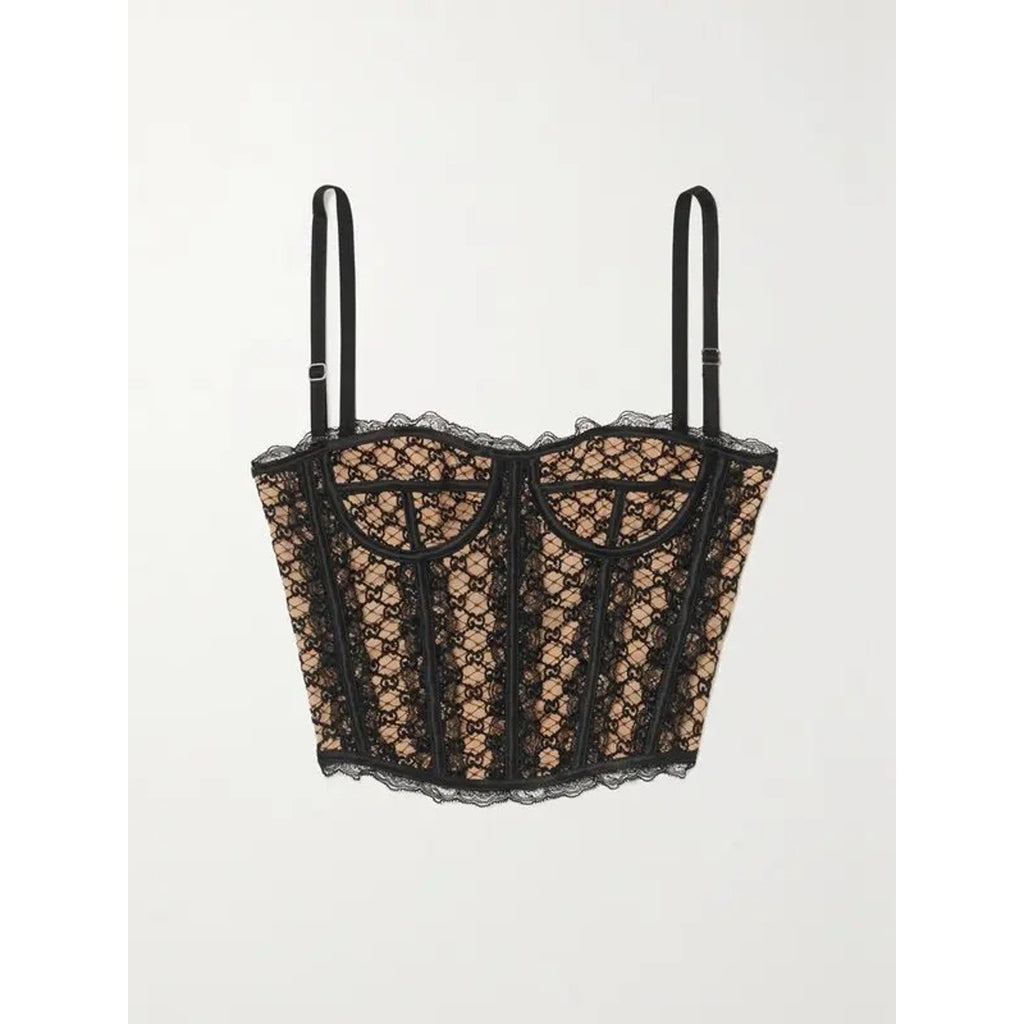 GUCCI Lace-Trimmed Embroidered Cotton-Blend Tulle And Satin Bustier Top Black M
