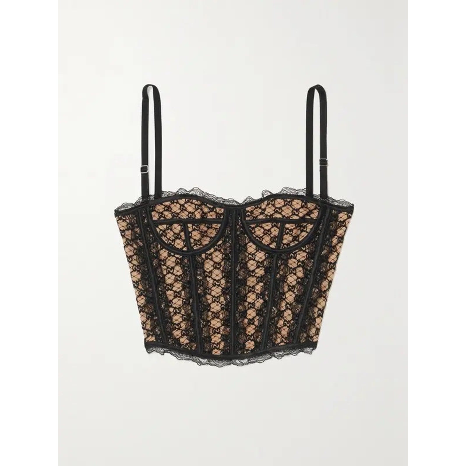 GUCCI Lace-Trimmed Embroidered Cotton-Blend Tulle And Satin Bustier Top Black M