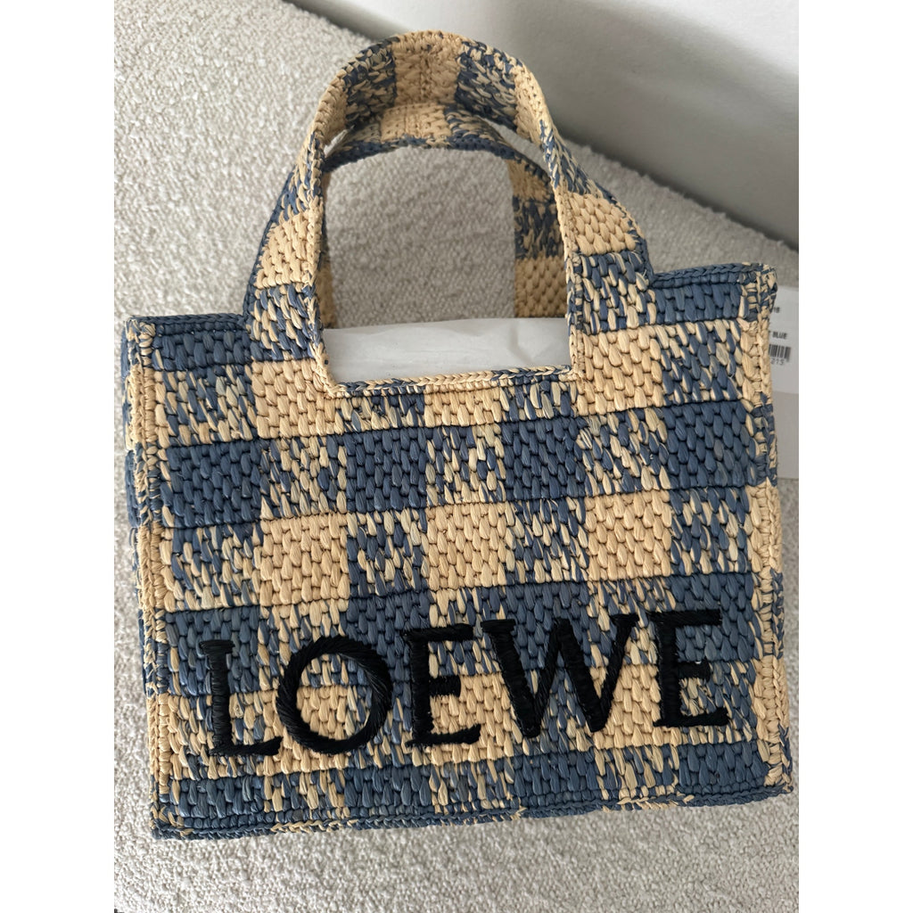 Loewe Paula’s Ibiza Raffia Blue Checked Tote NWT Embroidered Logo