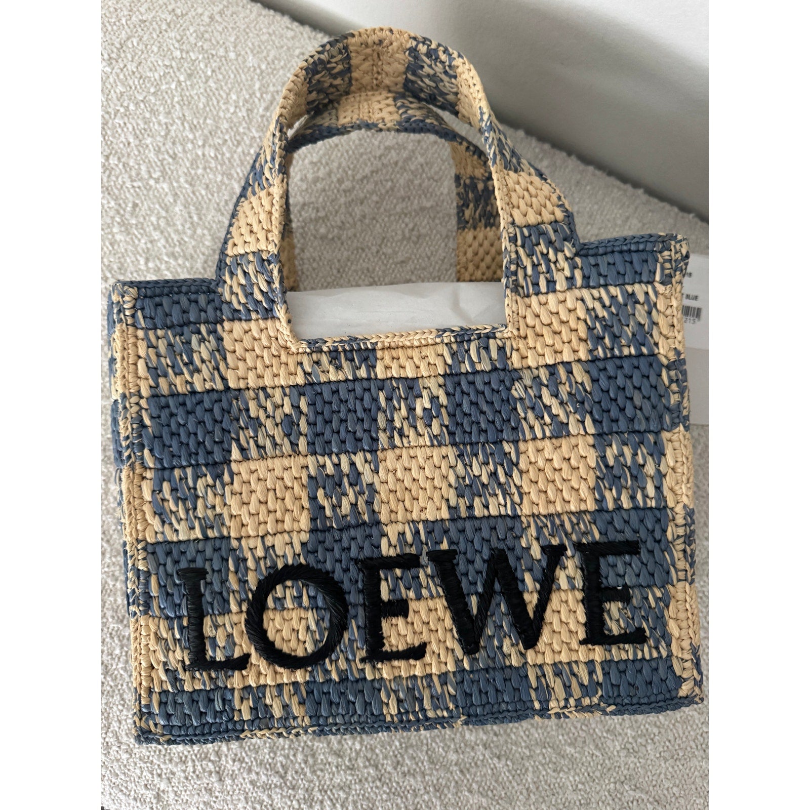 Loewe Paula’s Ibiza Raffia Blue Checked Tote NWT Embroidered Logo