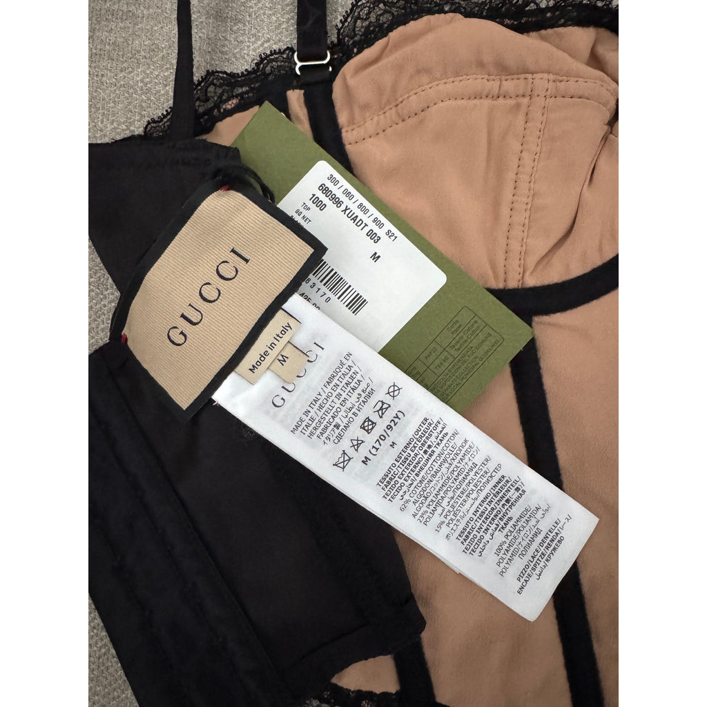 GUCCI Lace-Trimmed Embroidered Cotton-Blend Tulle And Satin Bustier Top Black M