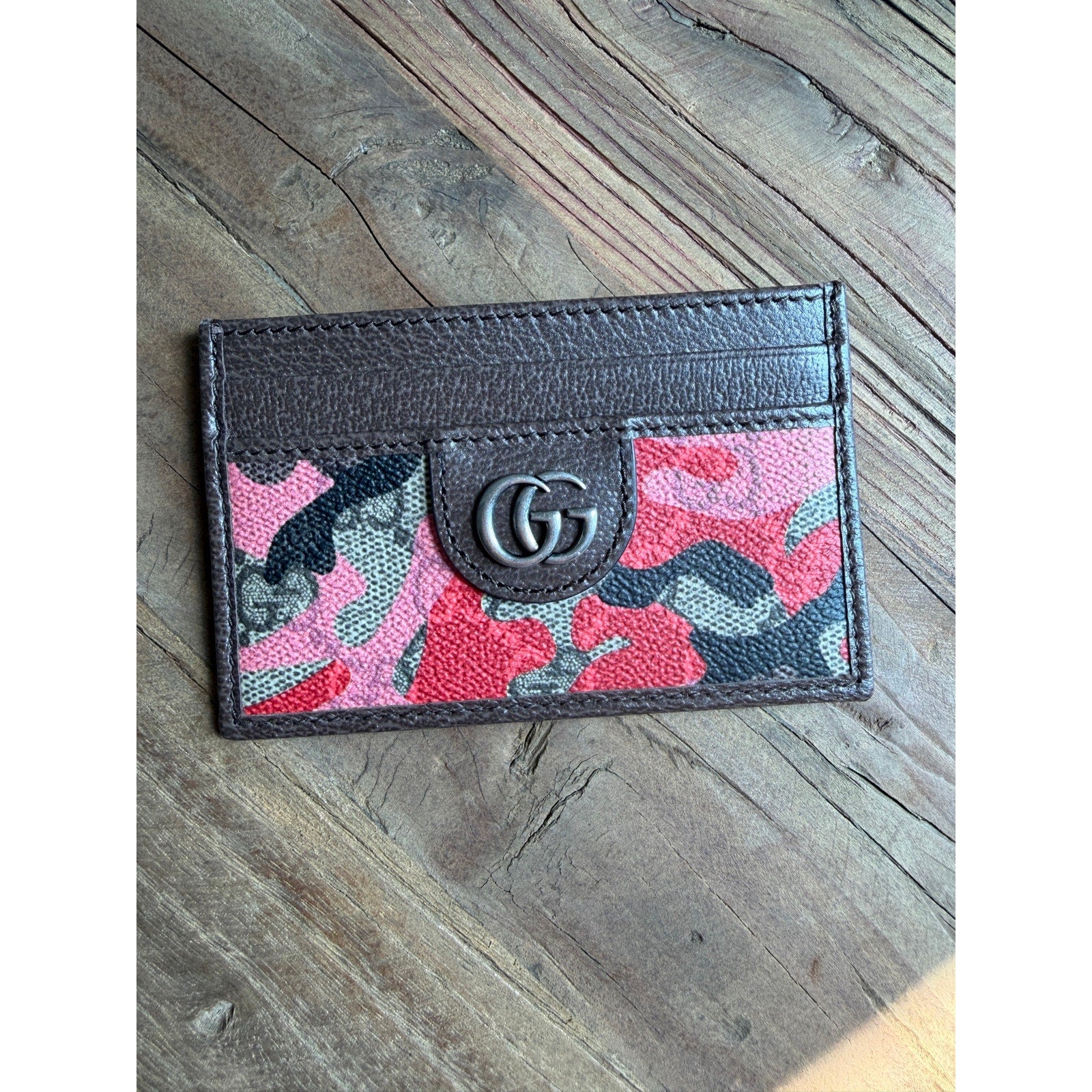 Gucci GG Icon Camouflage Cardholder Brown Red Pink New Card Case Wallet