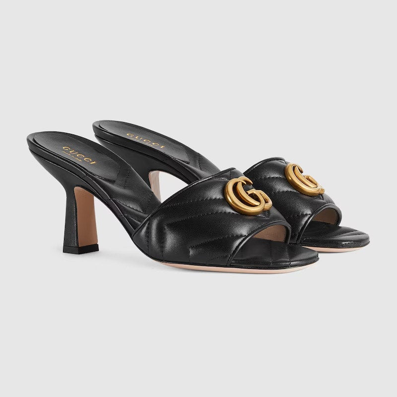 Gucci Double G Leather Sandals Black Gold GG Logo Heel Slides Size 35.5 BNIB